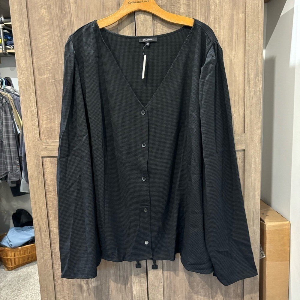 Madewell 26W Top Long Bubble Sleeve Black Gray V Neck Blouse